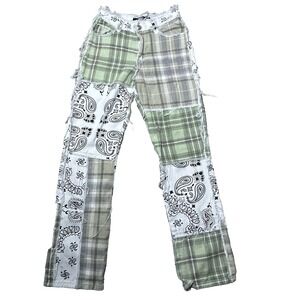 Jaded London Women's Y2K Patchwork Plaid Bandana Straight Leg Festival Jeans W25